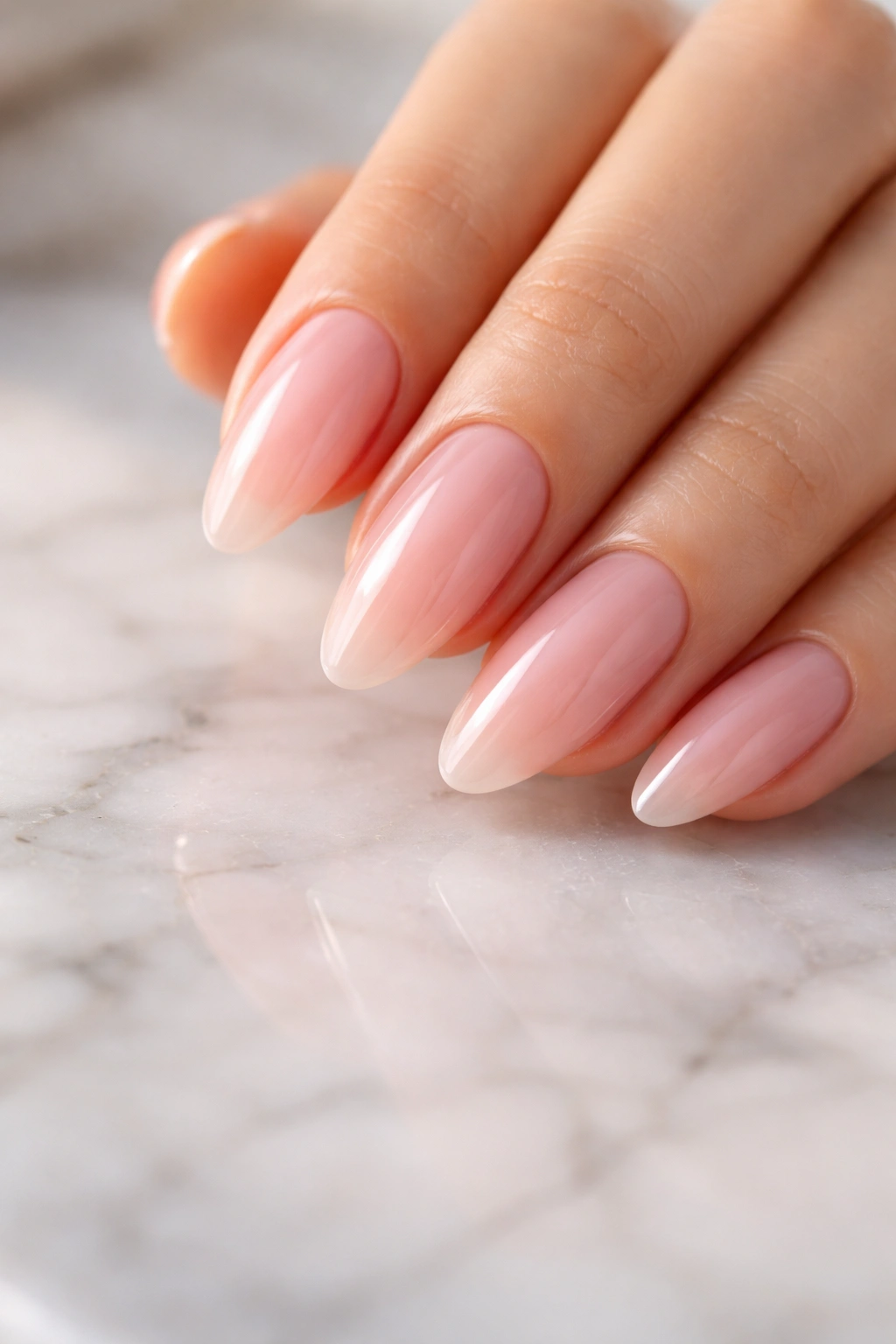 Close-up of sheer pink glossy almond nails on a hand