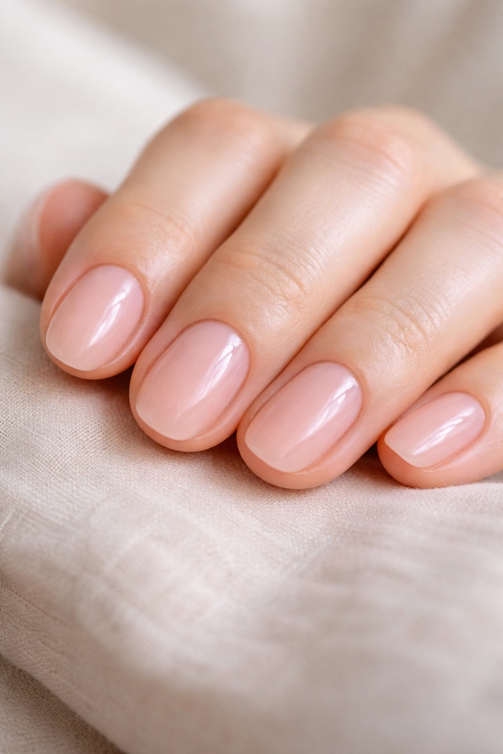 Close-up of short oval nails with sheer pink glow on a bare hand