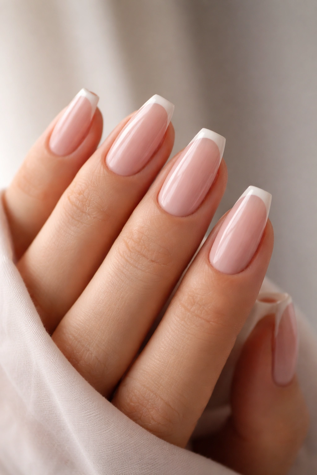 Close-up of sheer pink micro-French ballerina nails on a neutral background