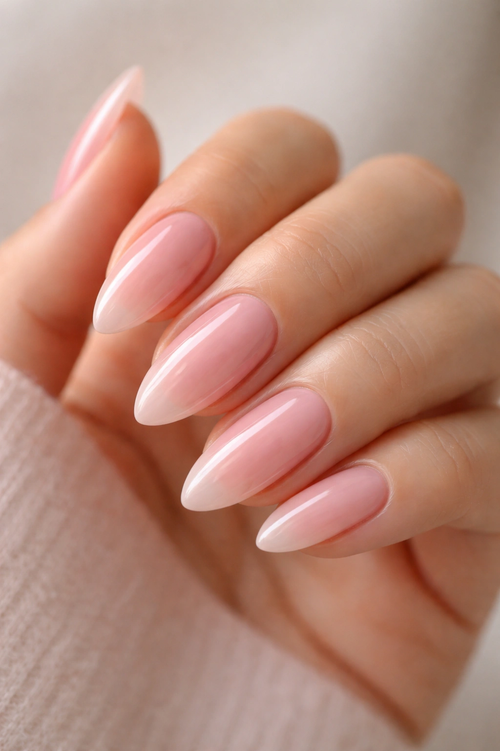 Close-up of sheer ballet pink almond nails with translucent finish and high gloss