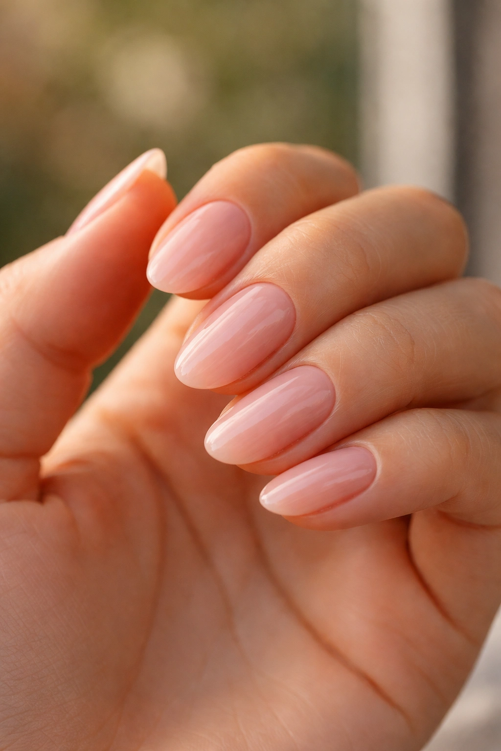 Close-up of sheer pink short almond nails on a hand