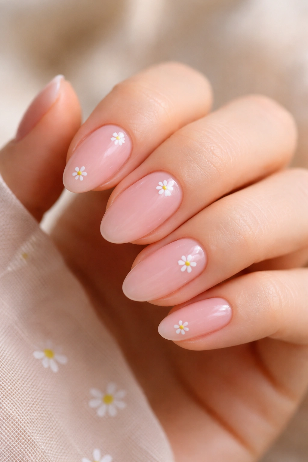 Close-up of short almond nails with sheer pink base and a tiny white daisy accent.