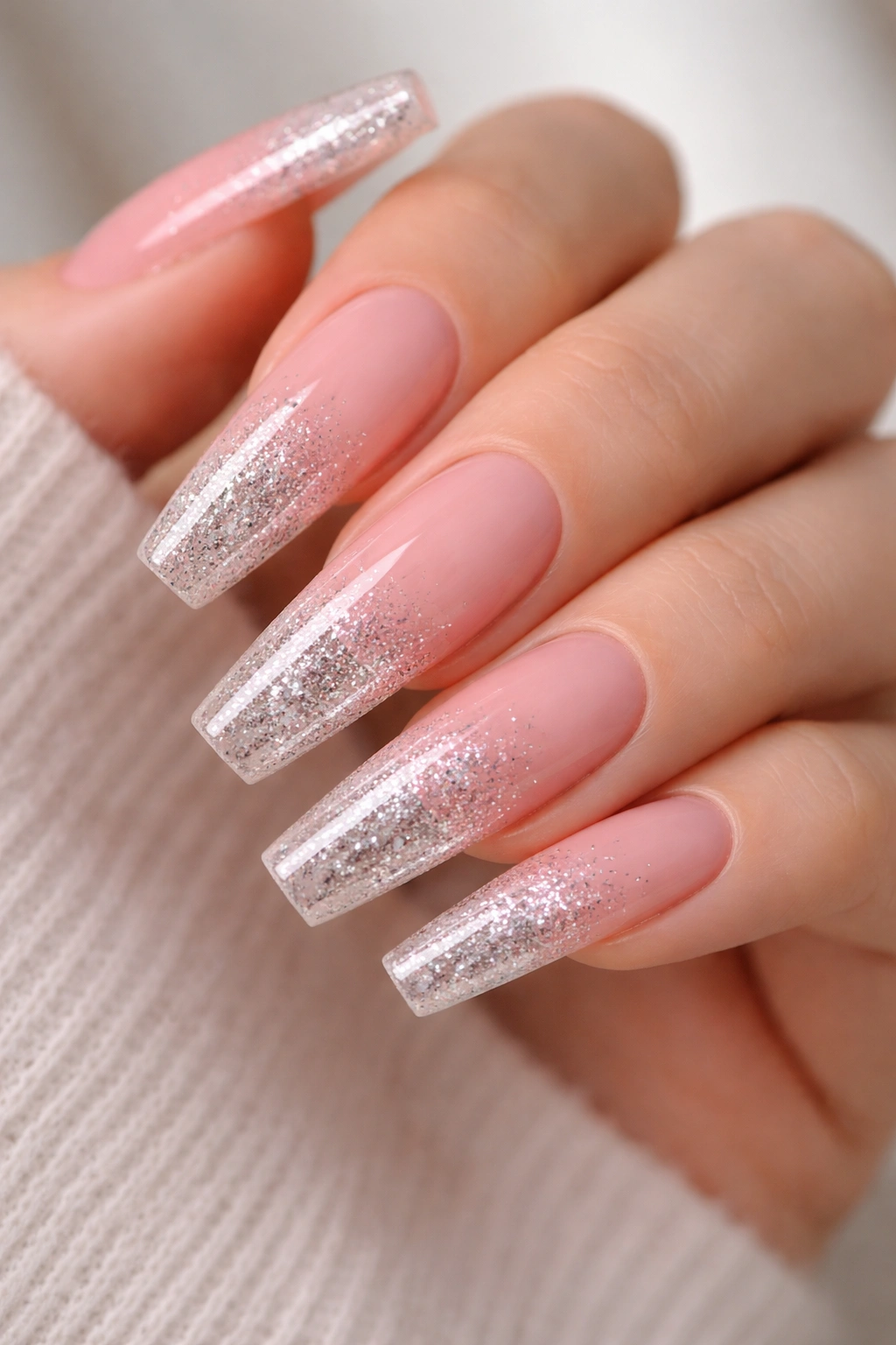 Close-up of long ballerina nails with sheer pink base and encapsulated silver glitter