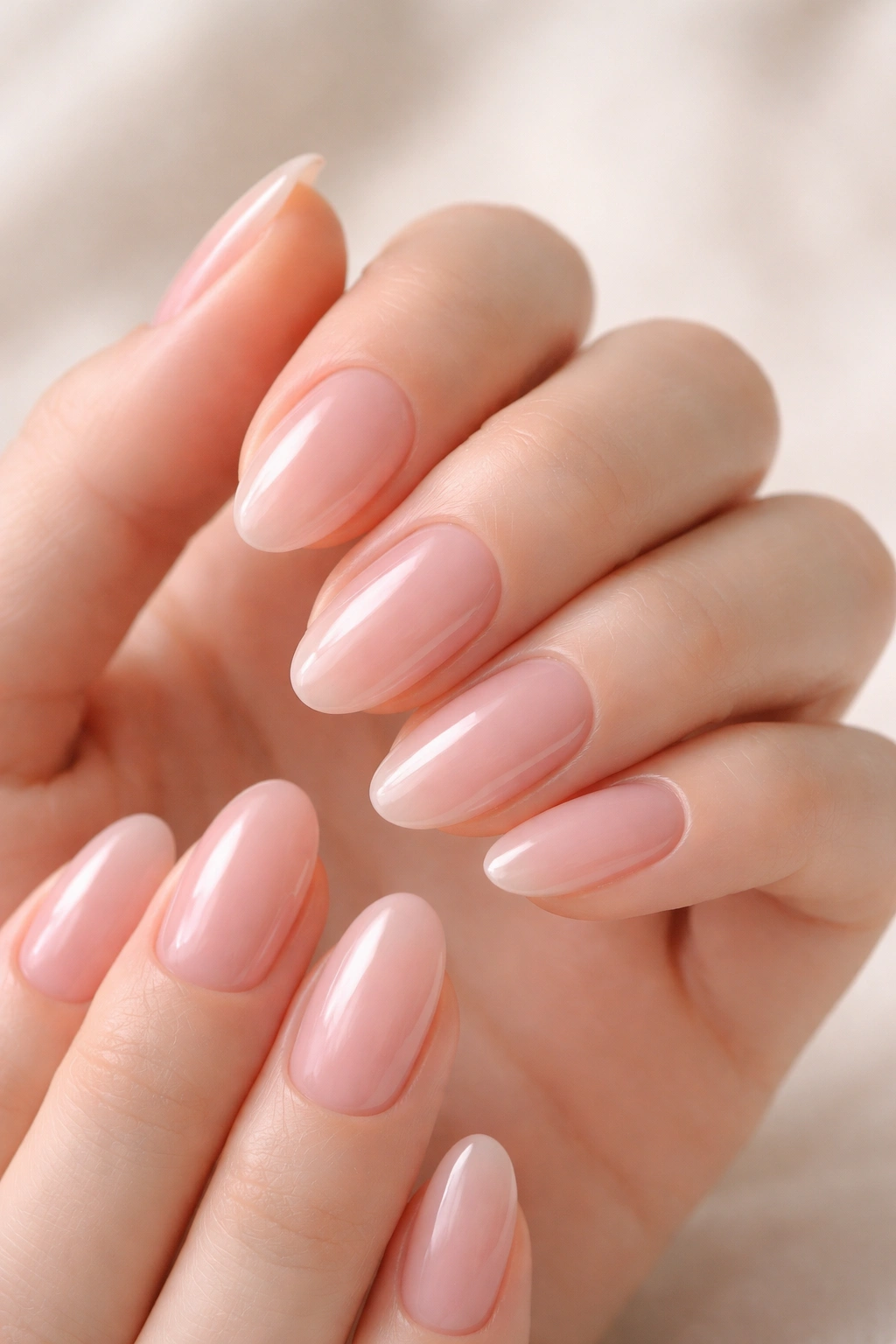 Close-up of sheer pink nails with translucent rosy tint