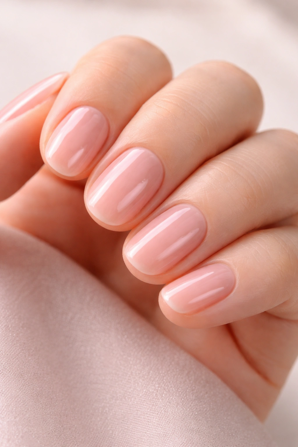 Close-up of short round nails with sheer pink polish and glossy finish