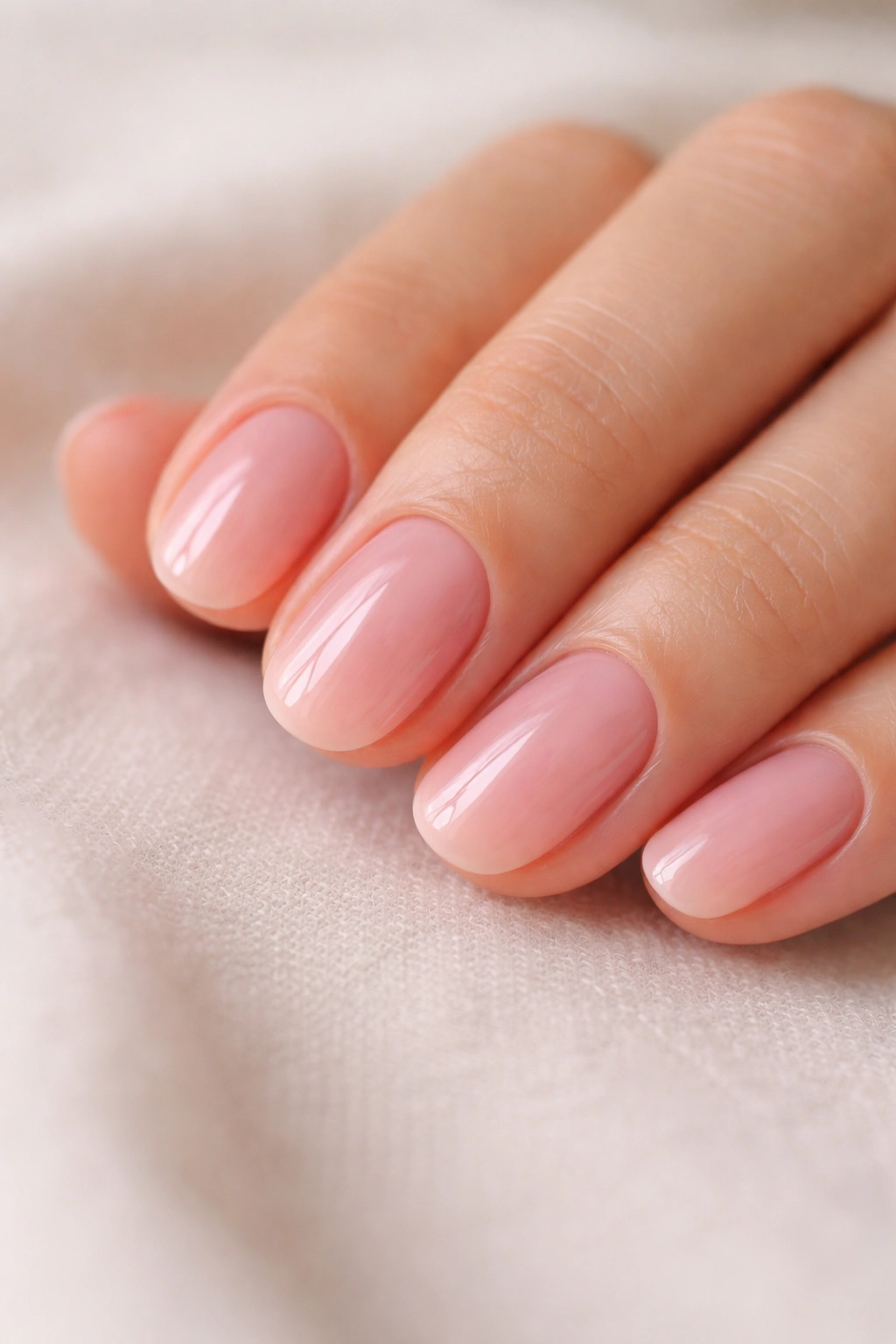 Close-up of short oval nails with sheer pink polish and a glossy top coat