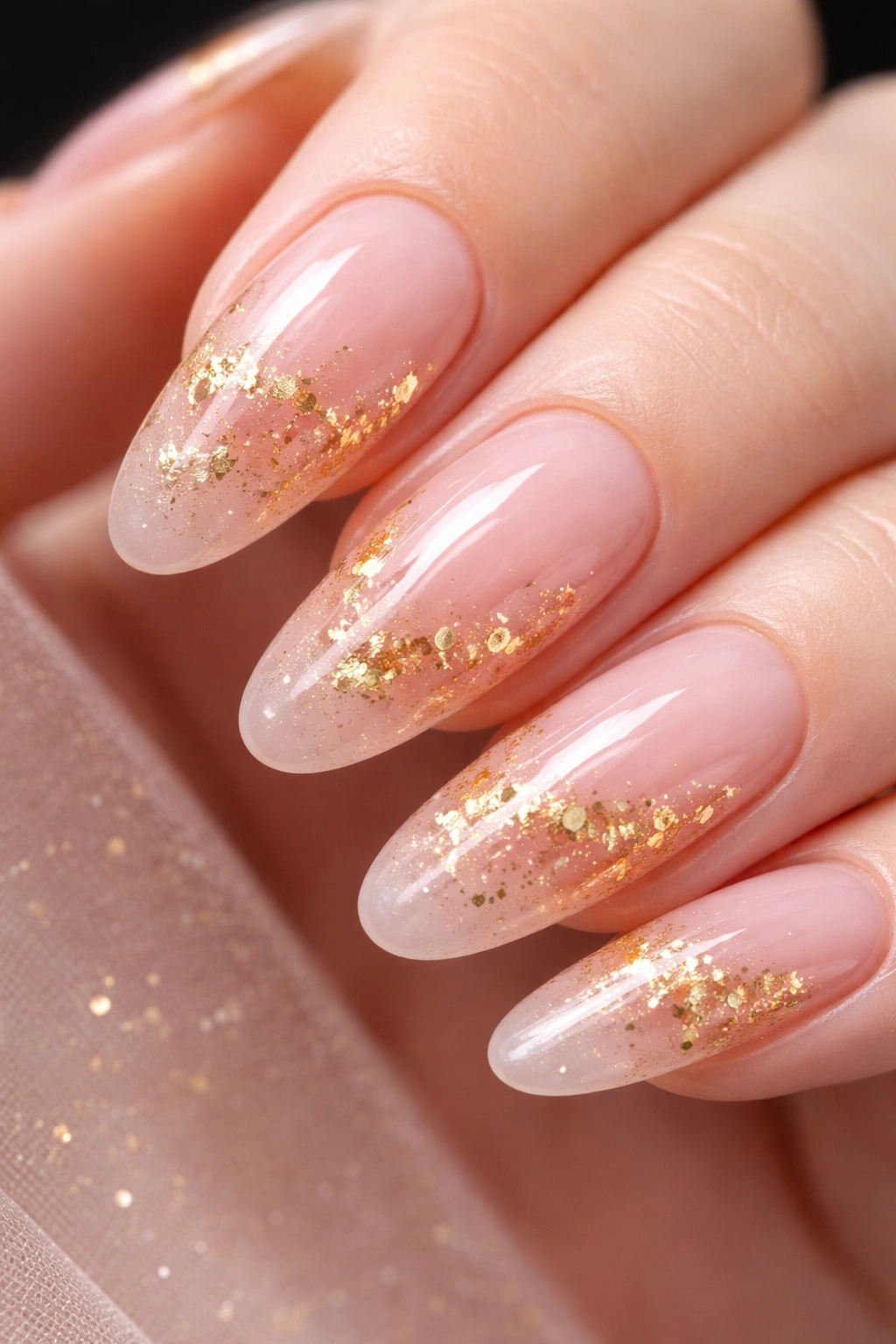 Sheer pink nail with gold foil accents on a long oval shape