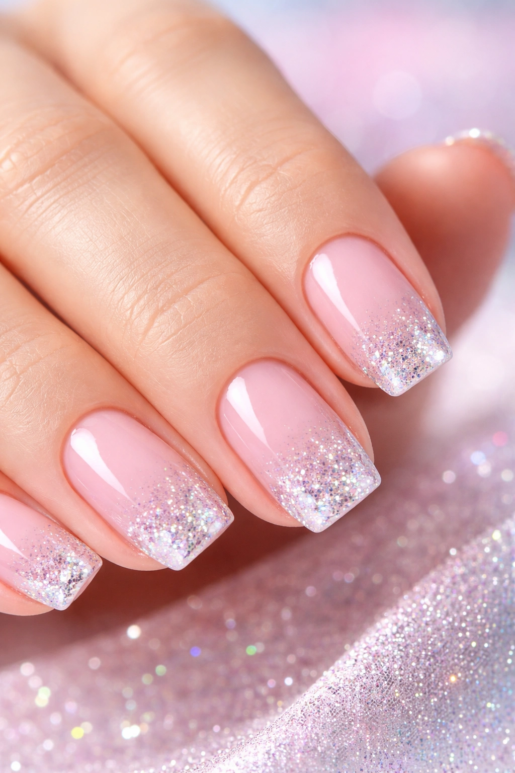 Close-up of sheer pink acrylic nails with holographic glitter tips