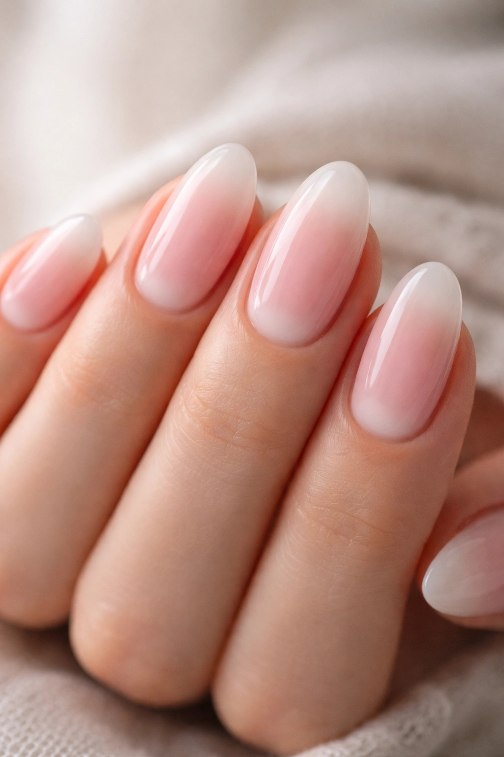 Close-up of sheer pink almond nails with a milky cuticle cloud