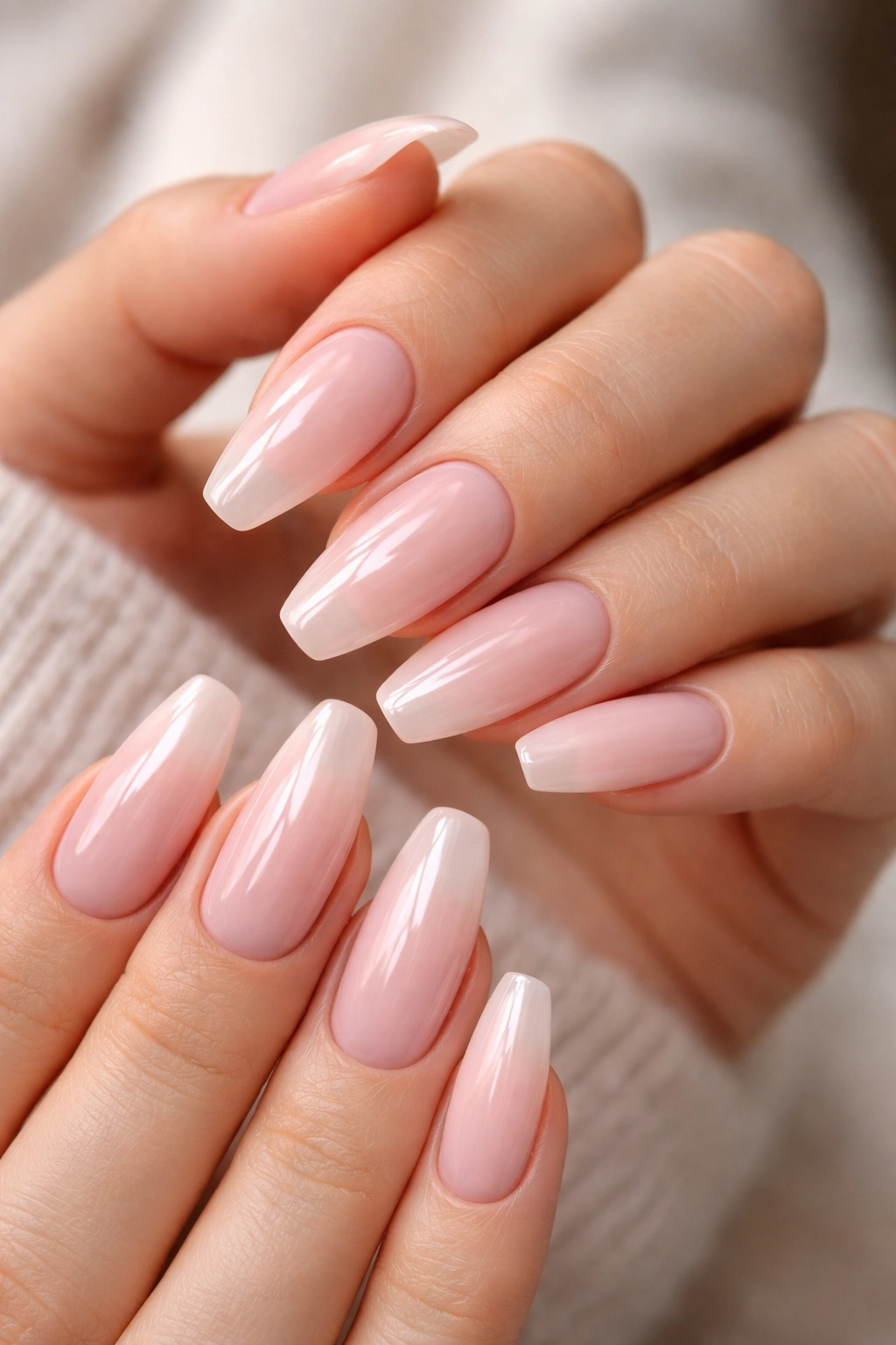 Close-up of sheer pink ballerina nails with translucent polish on healthy nail beds