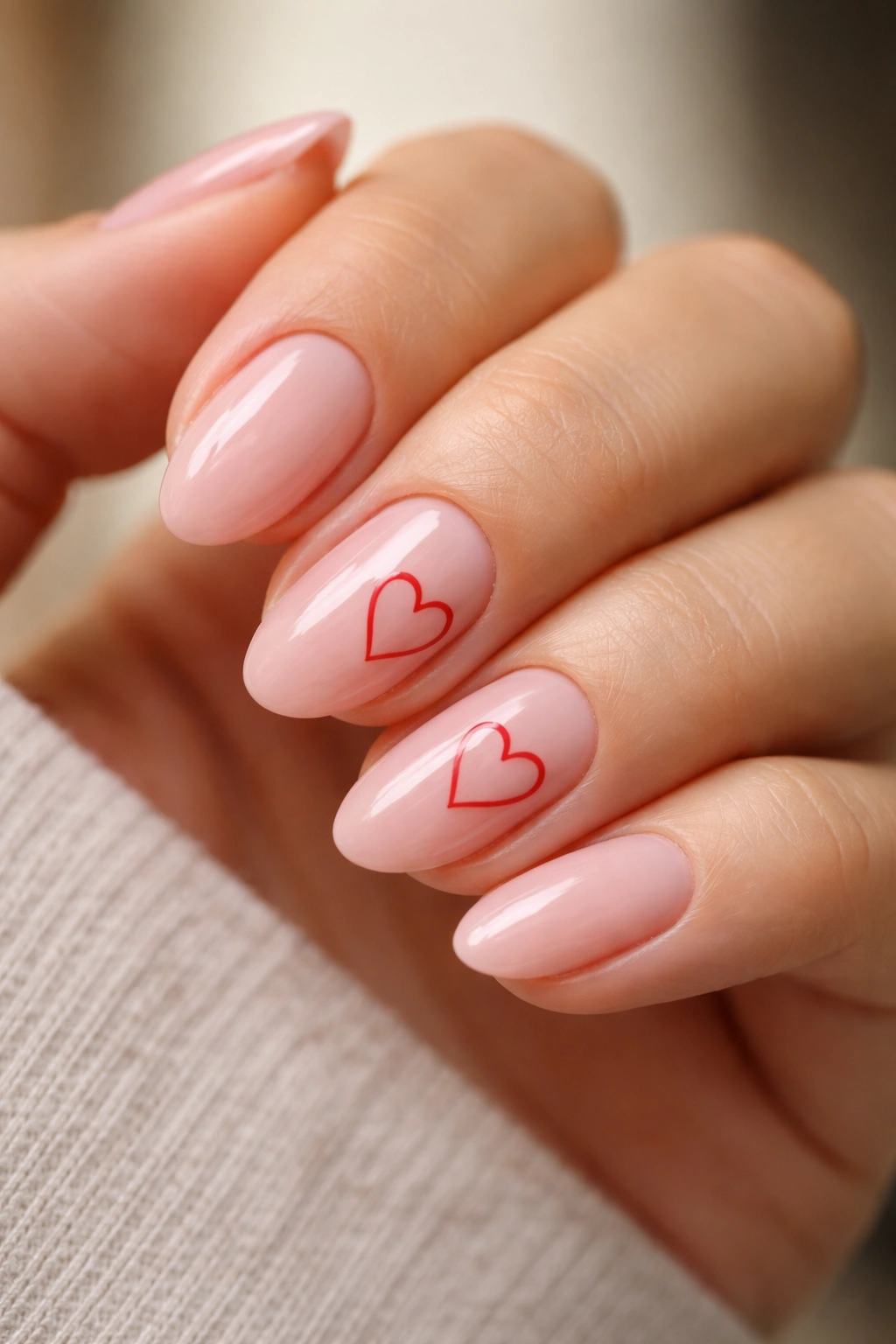 Close-up of sheer pink nails with red outline hearts on short almond nails