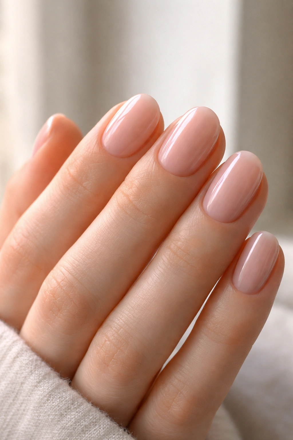 Close-up of sheer pink oval nails on a hand with glossy finish