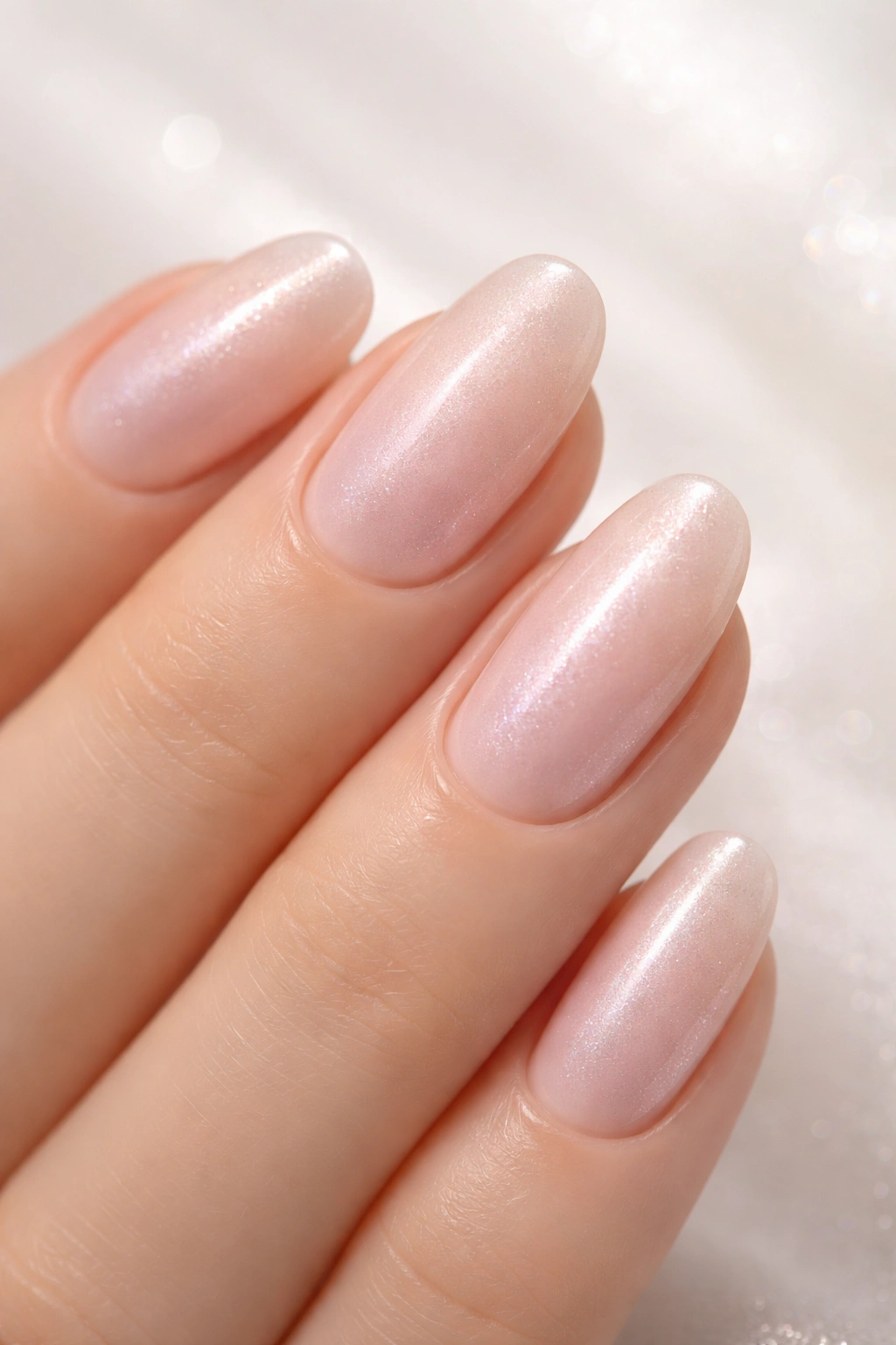 Close-up of sheer pink nails with pearl finish catching light