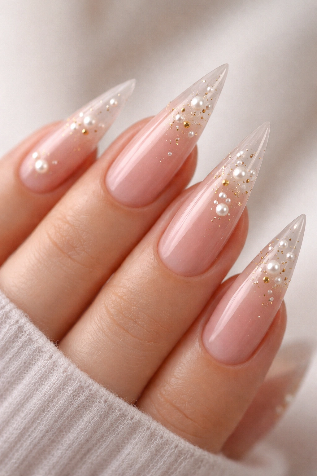 Close-up of translucent pink stiletto nails with pearl and gold accents