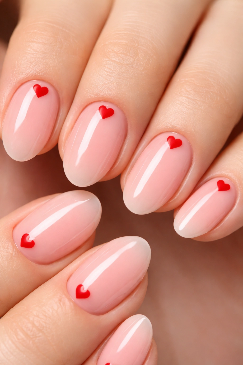 Close-up of sheer pink nails with red hearts near the cuticle on short almond nails.