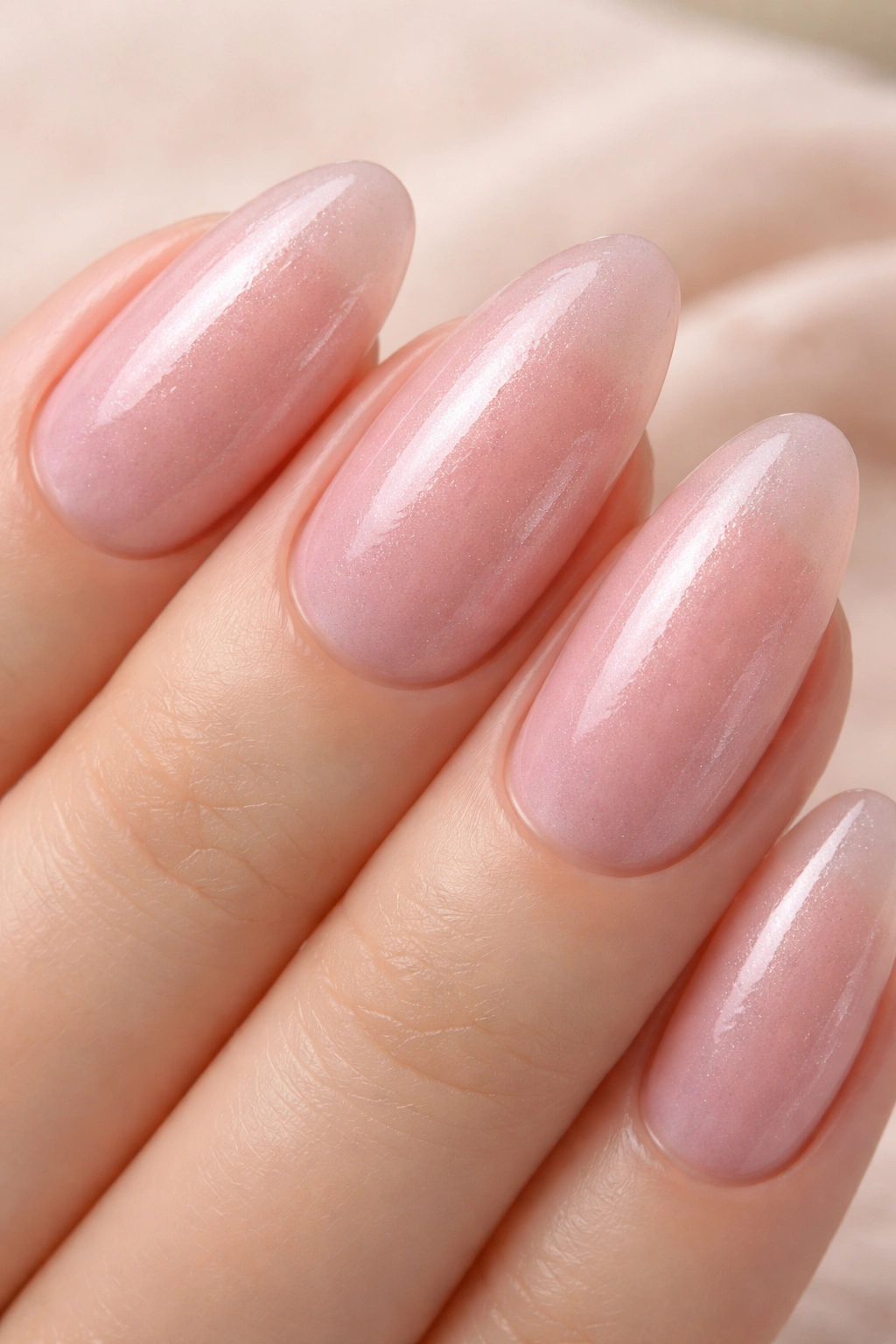 Close-up of sheer pink nails with subtle shimmer and natural nail visible