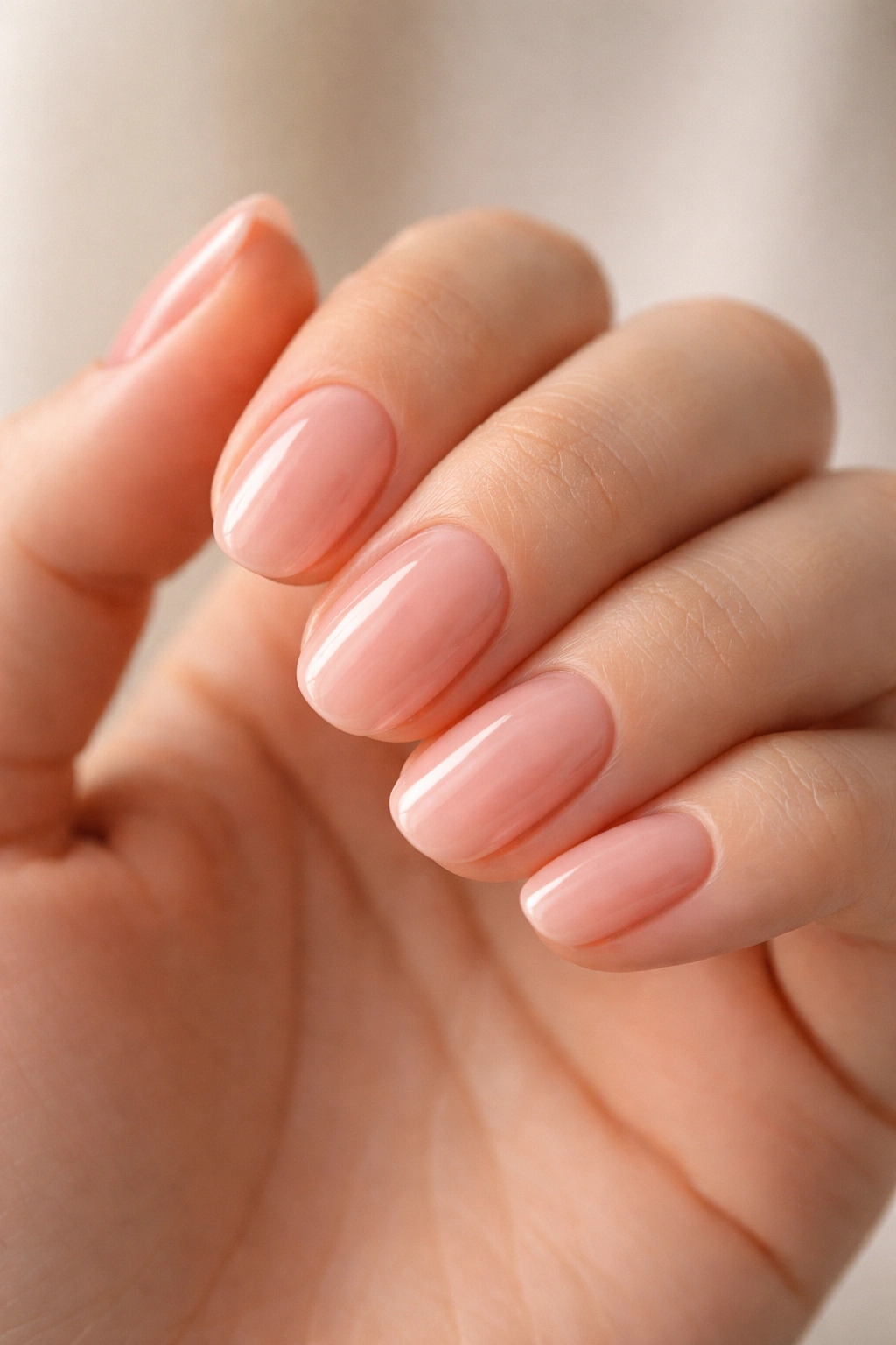 Close-up of short oval nails with sheer pink gloss on natural-looking hand