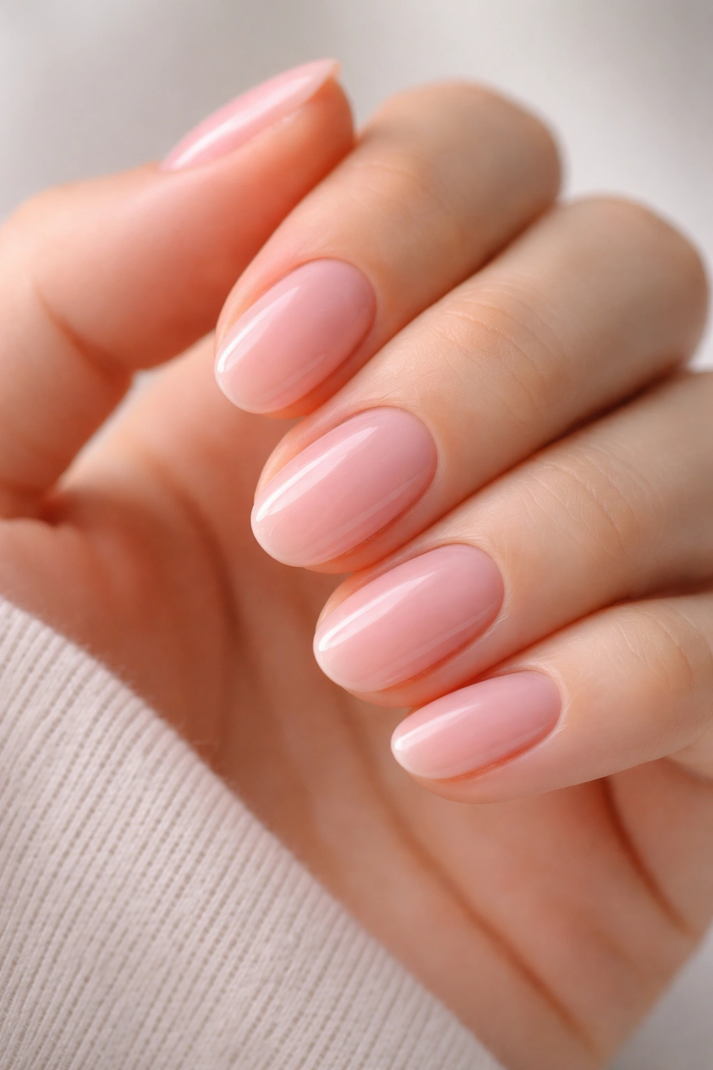 Close-up of sheer pink short oval acrylic nails with translucent finish