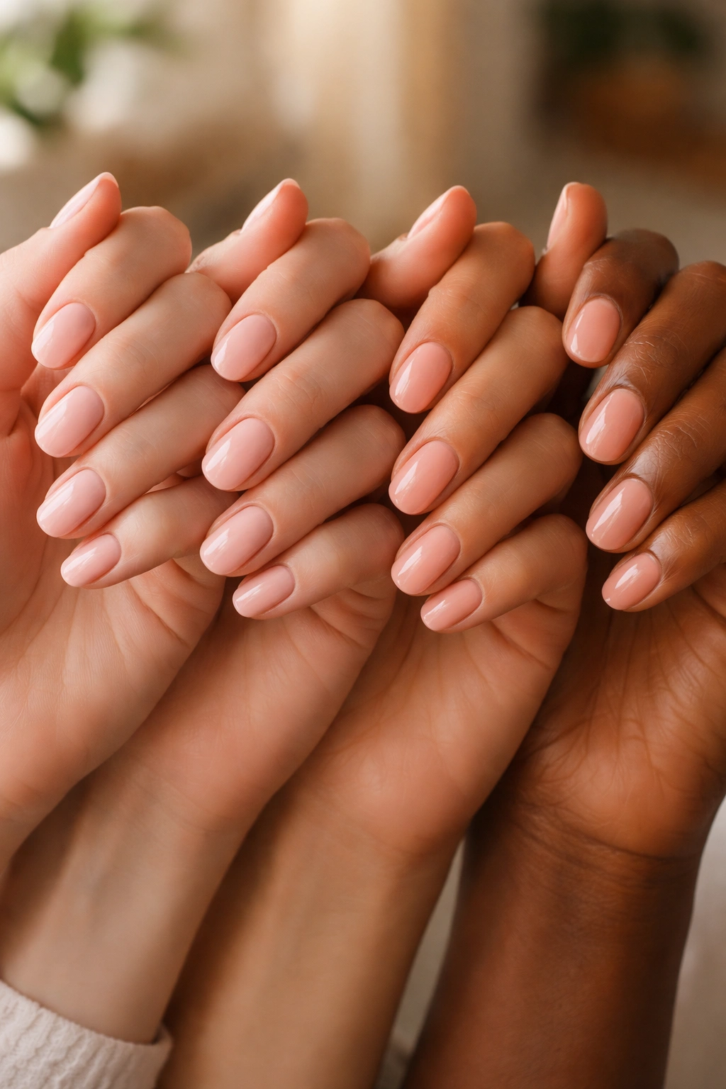 Close-up of hands with short oval nails painted in sheer pink to complement skin tones.