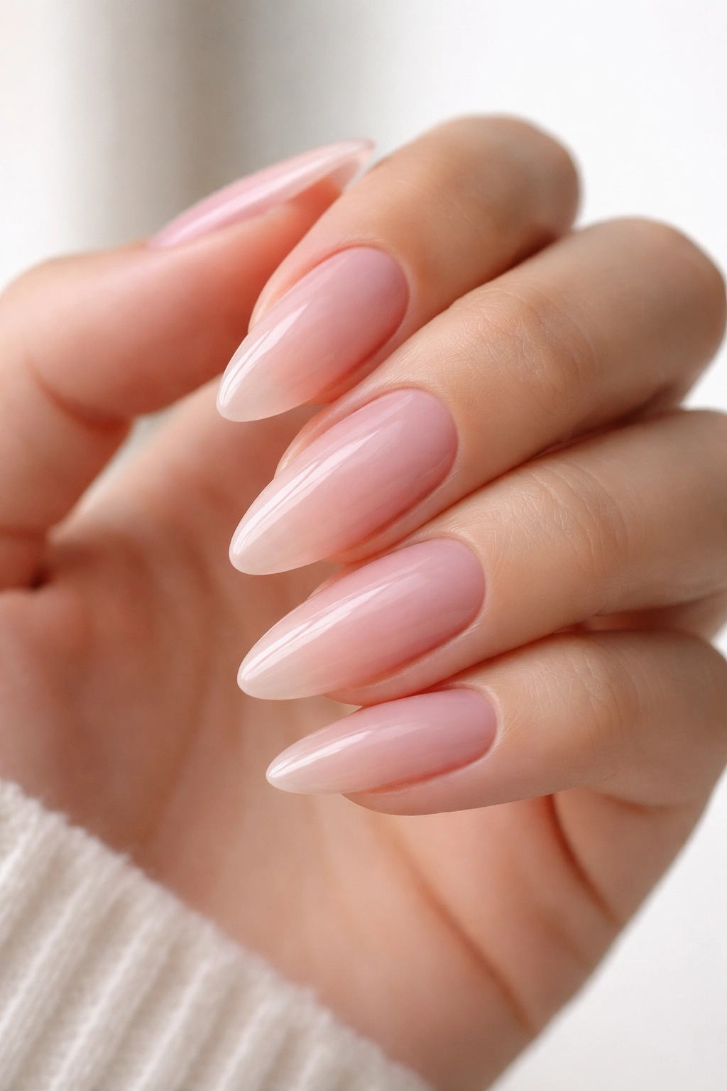 Close-up of sheer pink soap nails on a hand with glossy top coat