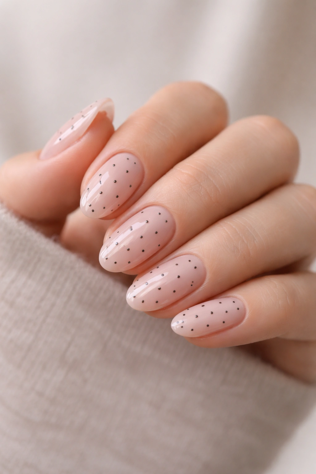 Close-up of short almond nails with a sheer pink base and tiny black dots