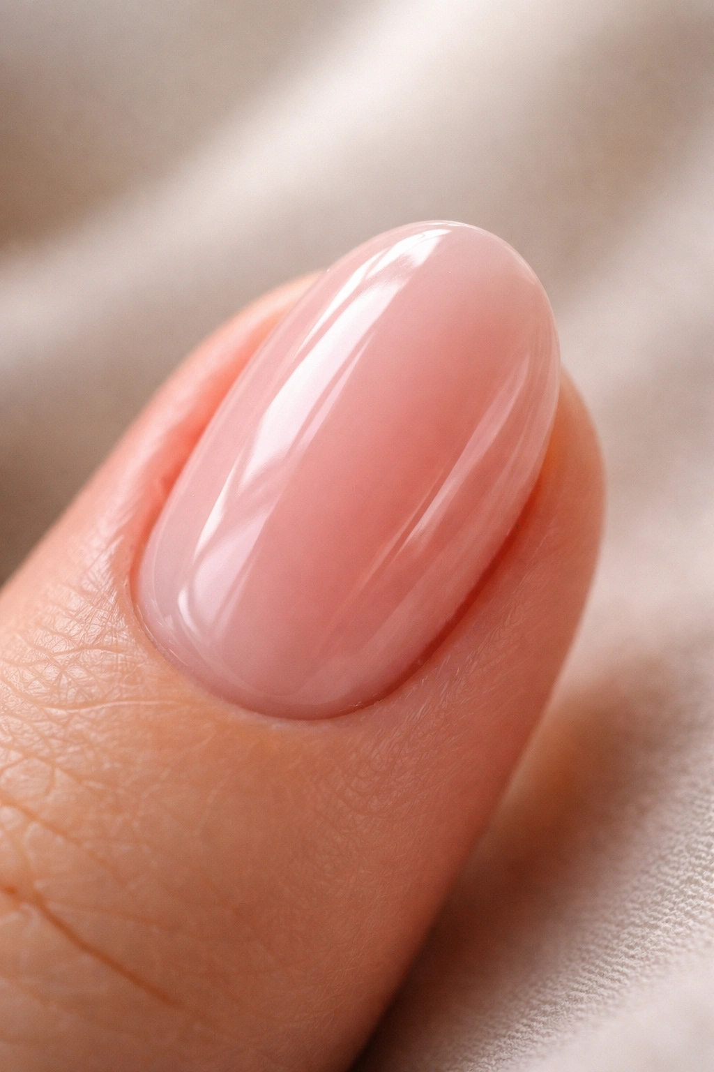 Close-up of a short oval nail with sheer pink gel overlay and glassy top coat
