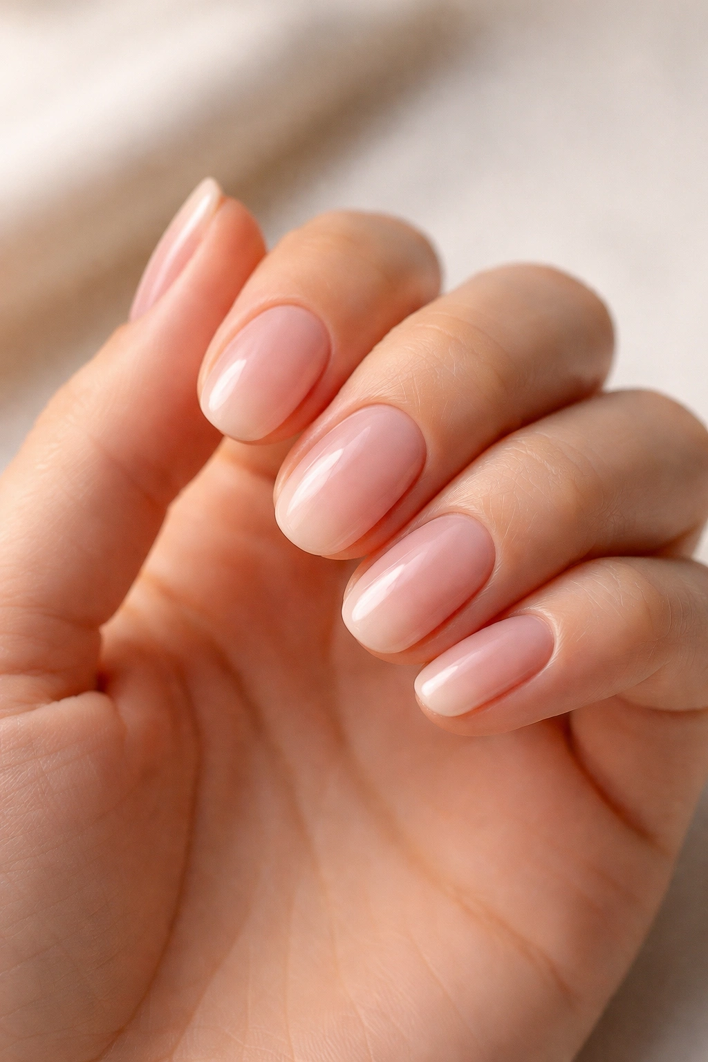 Close-up of nails painted in sheer blush pink on short oval nails