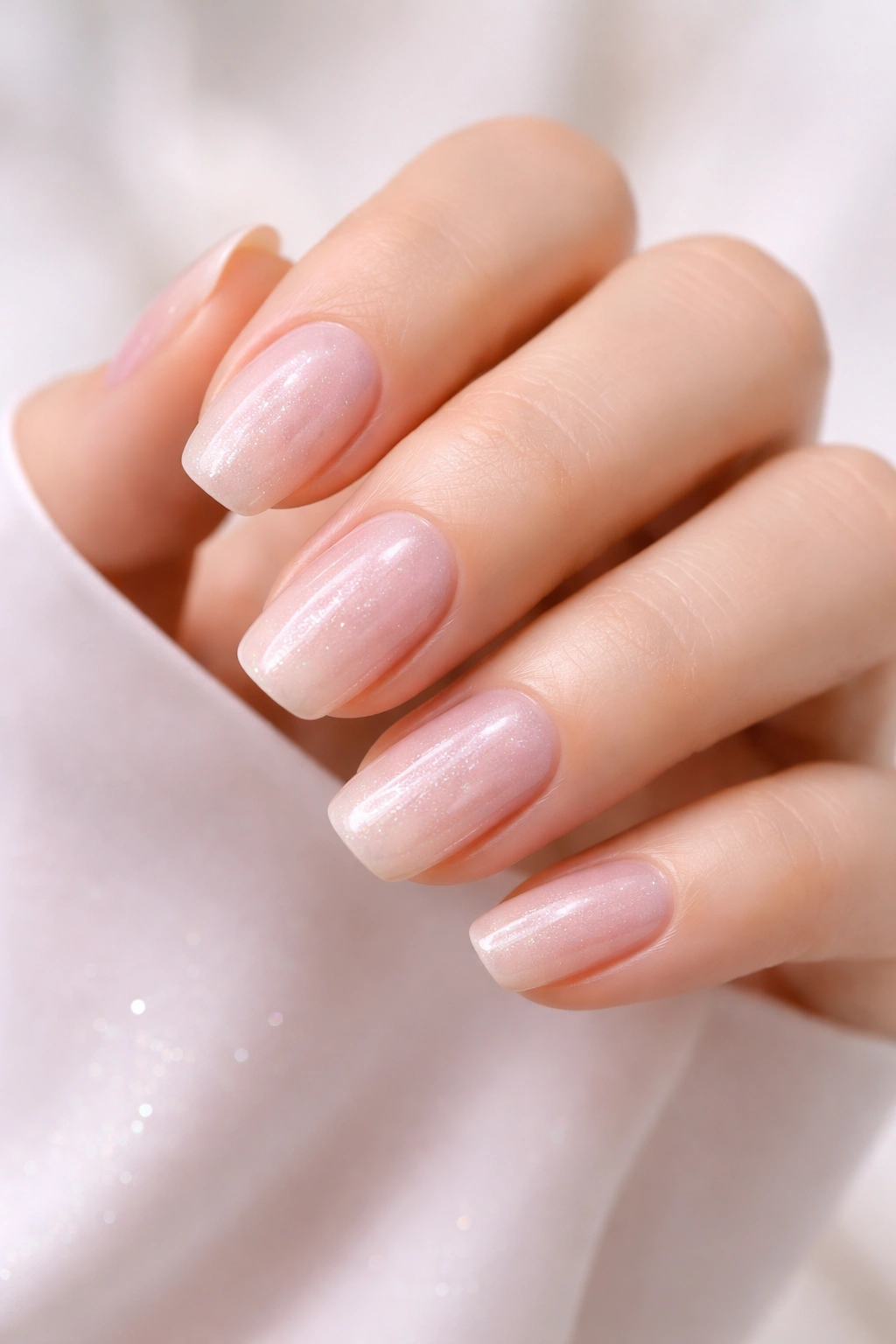 Close-up of hand with sheer pink nails showing subtle shimmer