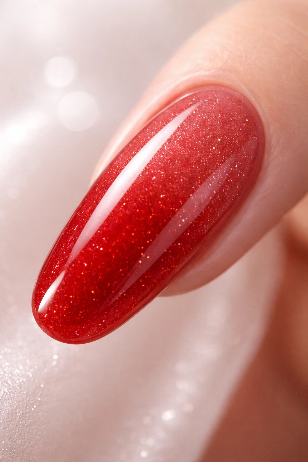 Close-up of a long round acrylic nail with sheer red and subtle sparkle under soft lighting