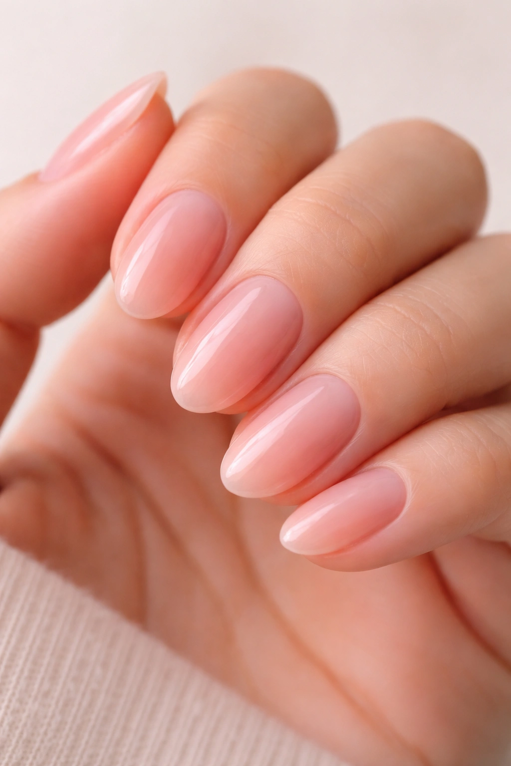 Close-up of sheer rose short almond nails showing translucent pink-beige color