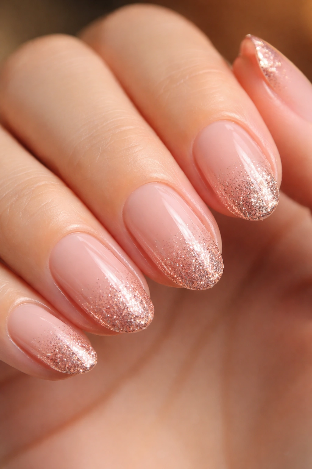Short almond nails with sheer rose base and glitter-tade tips
