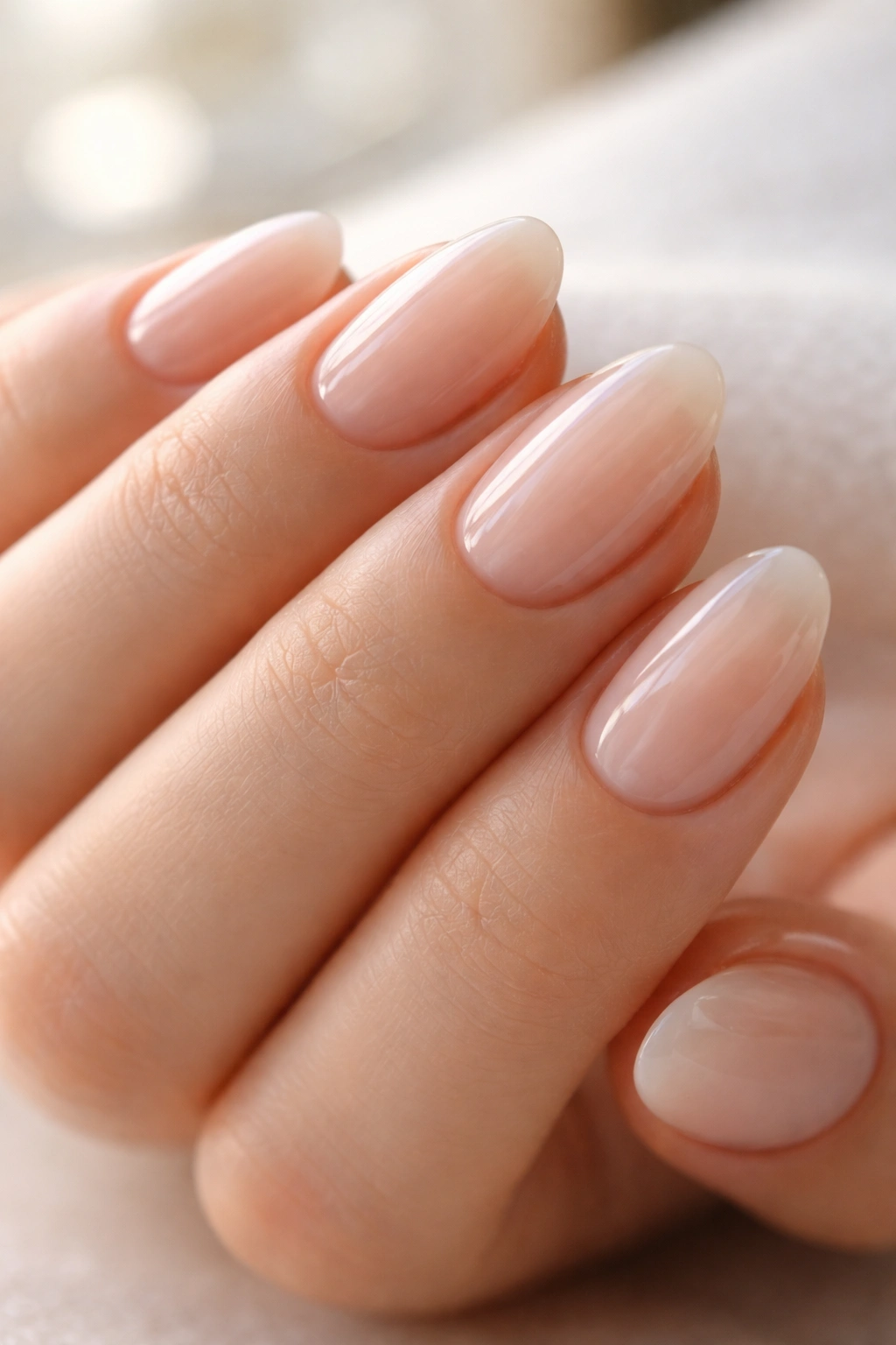 Close-up of sheer soap nails on a short almond nail with a translucent tint