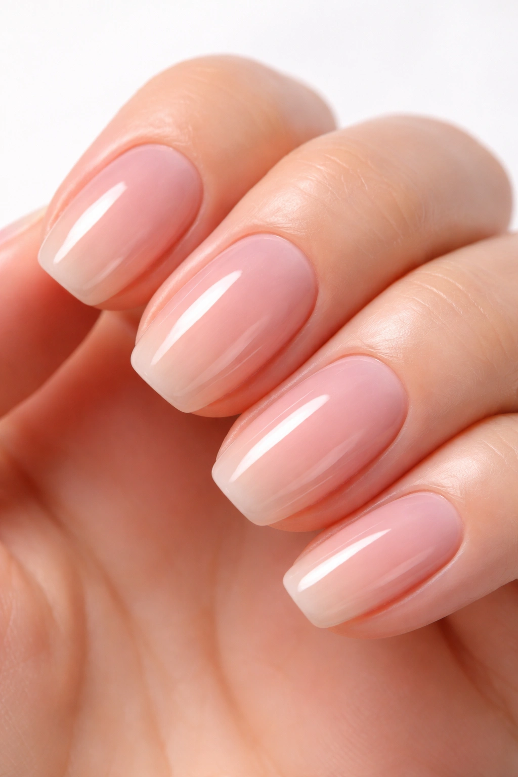 Close-up of nails with a sheer tinted base showing natural nail underneath.