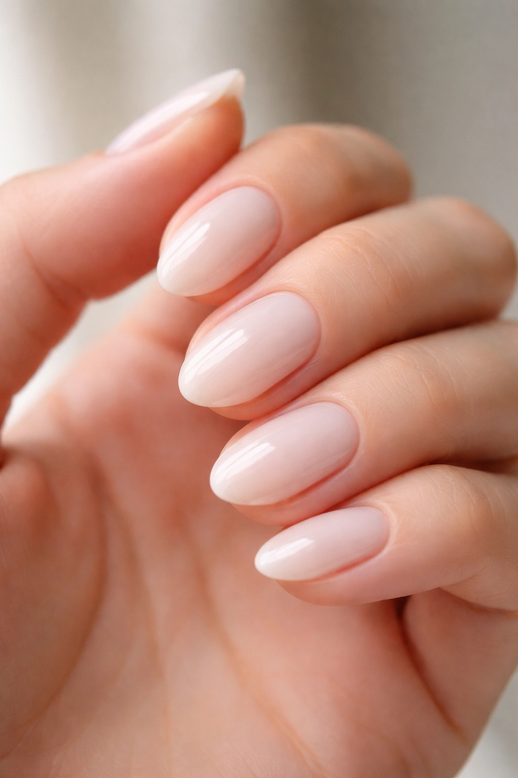 Close-up of sheer white short almond nails with milky translucent finish