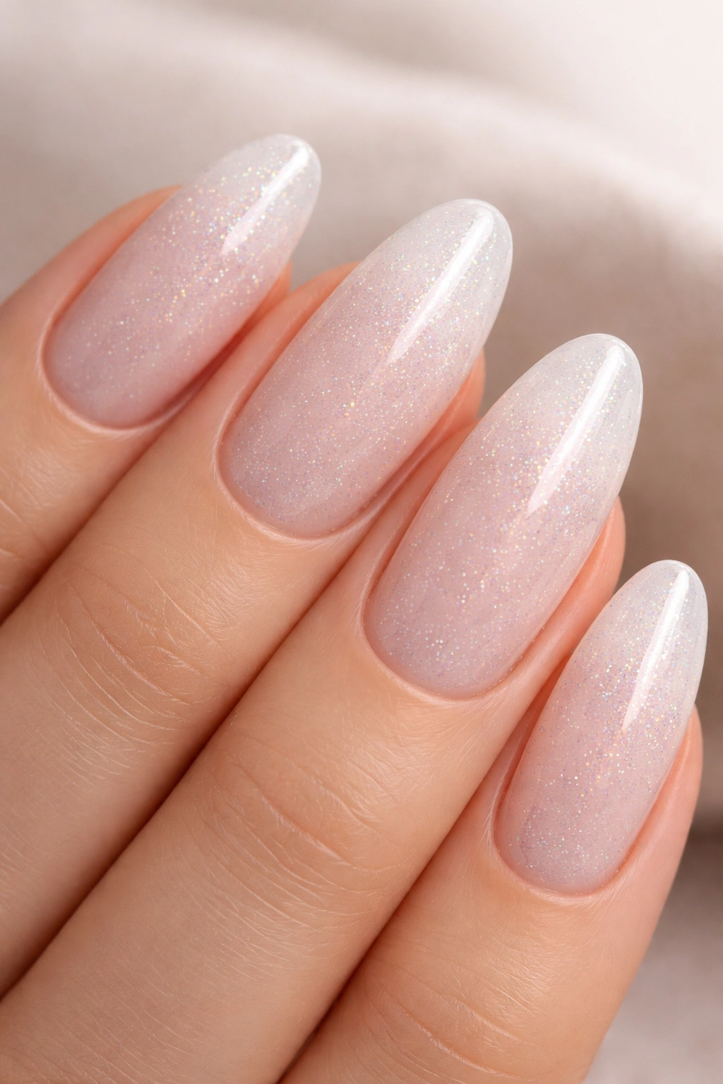Close-up of sheer white nails with fine holographic glitter embedded in the base