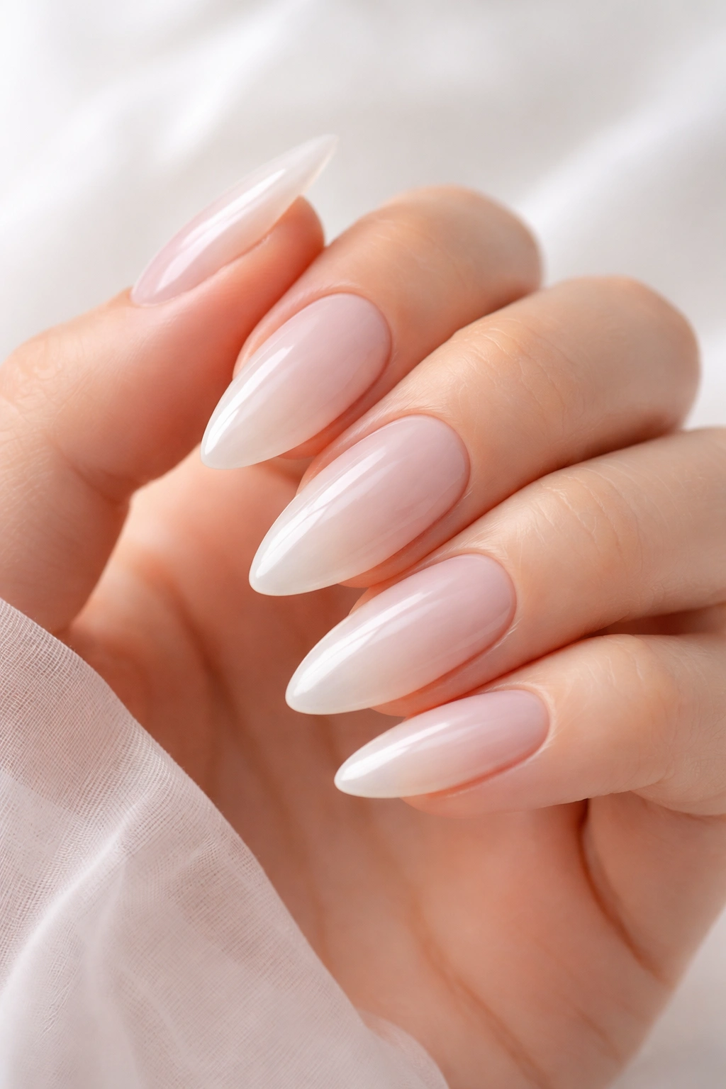 Close-up of sheer white jelly almond nails with translucent glow
