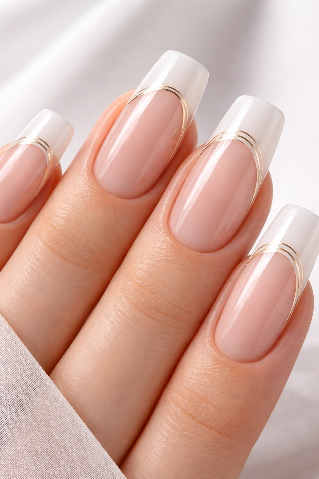 Close-up of nails with sheer white tips and fine gold lines on a nude base