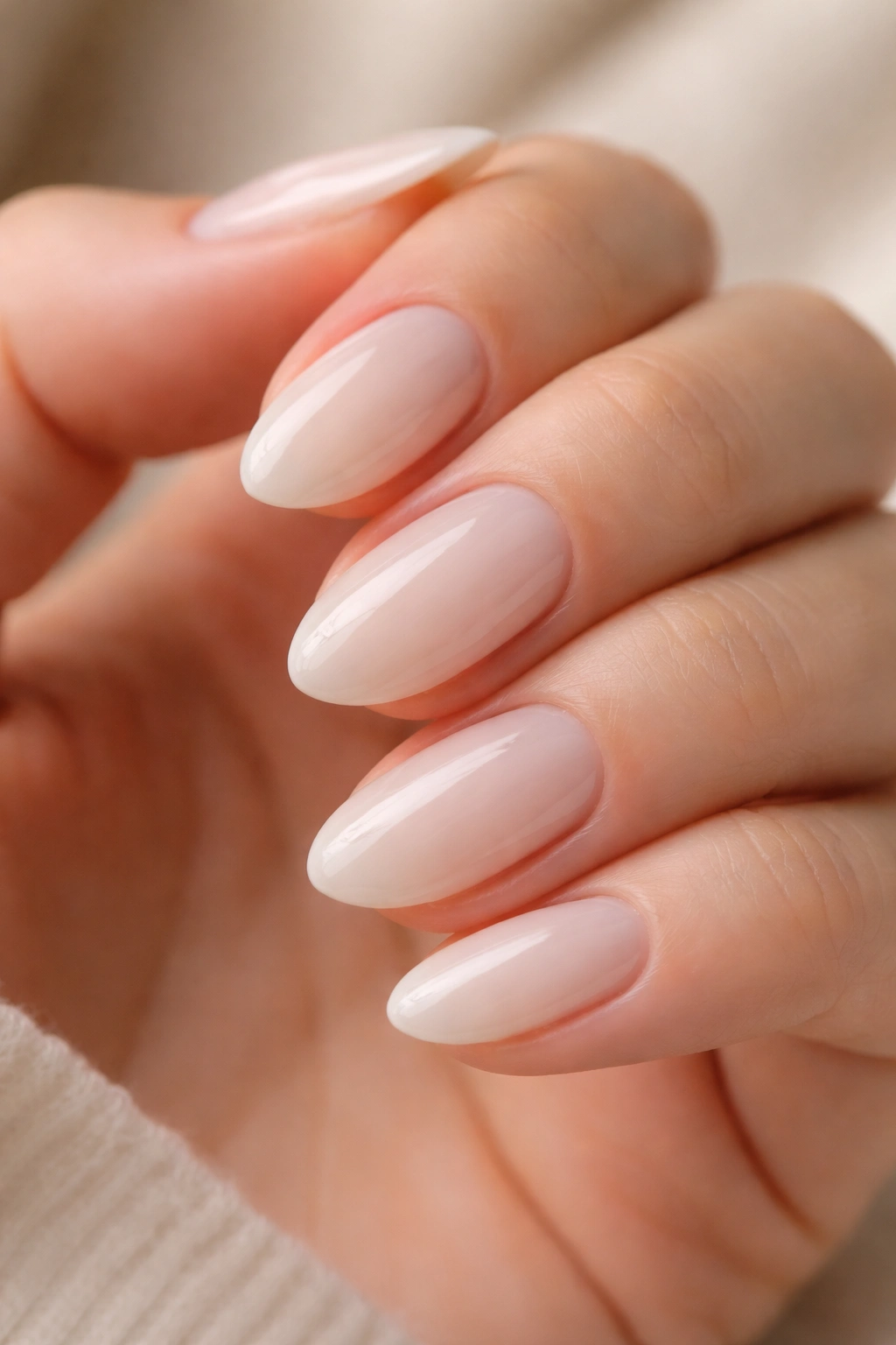 Close-up of short almond nails in sheer creamy white showing natural nail underneath.