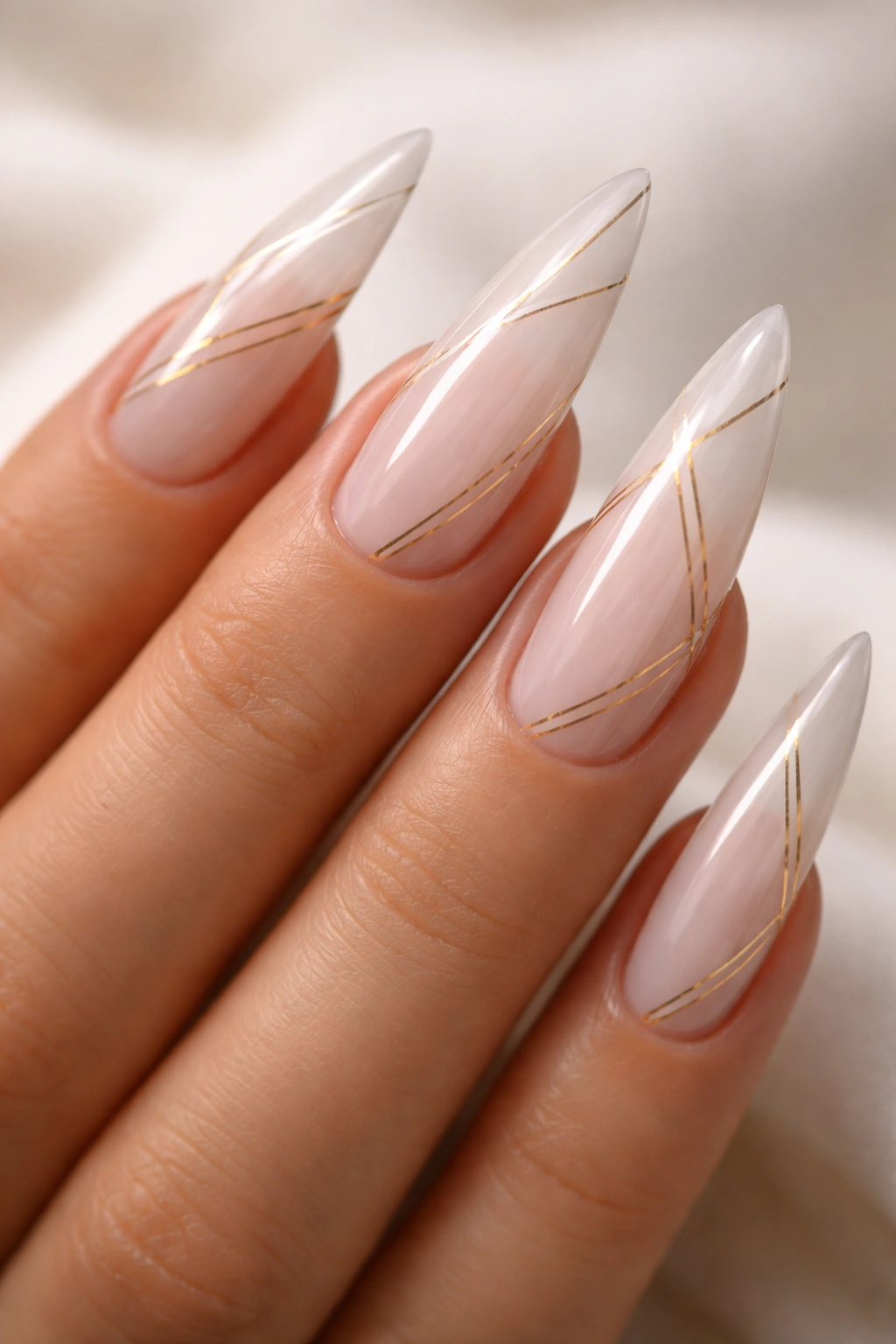 Close-up of sheer white nails with delicate gold lines.