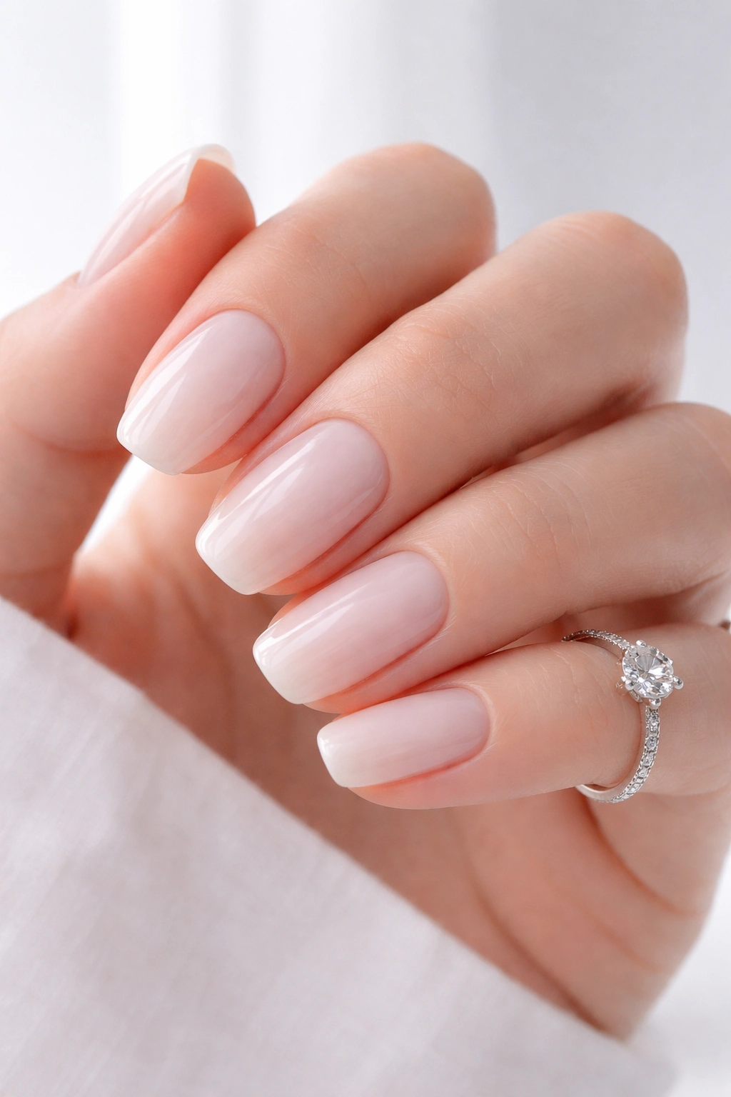 Close-up of hand with sheer milky white nails in natural light