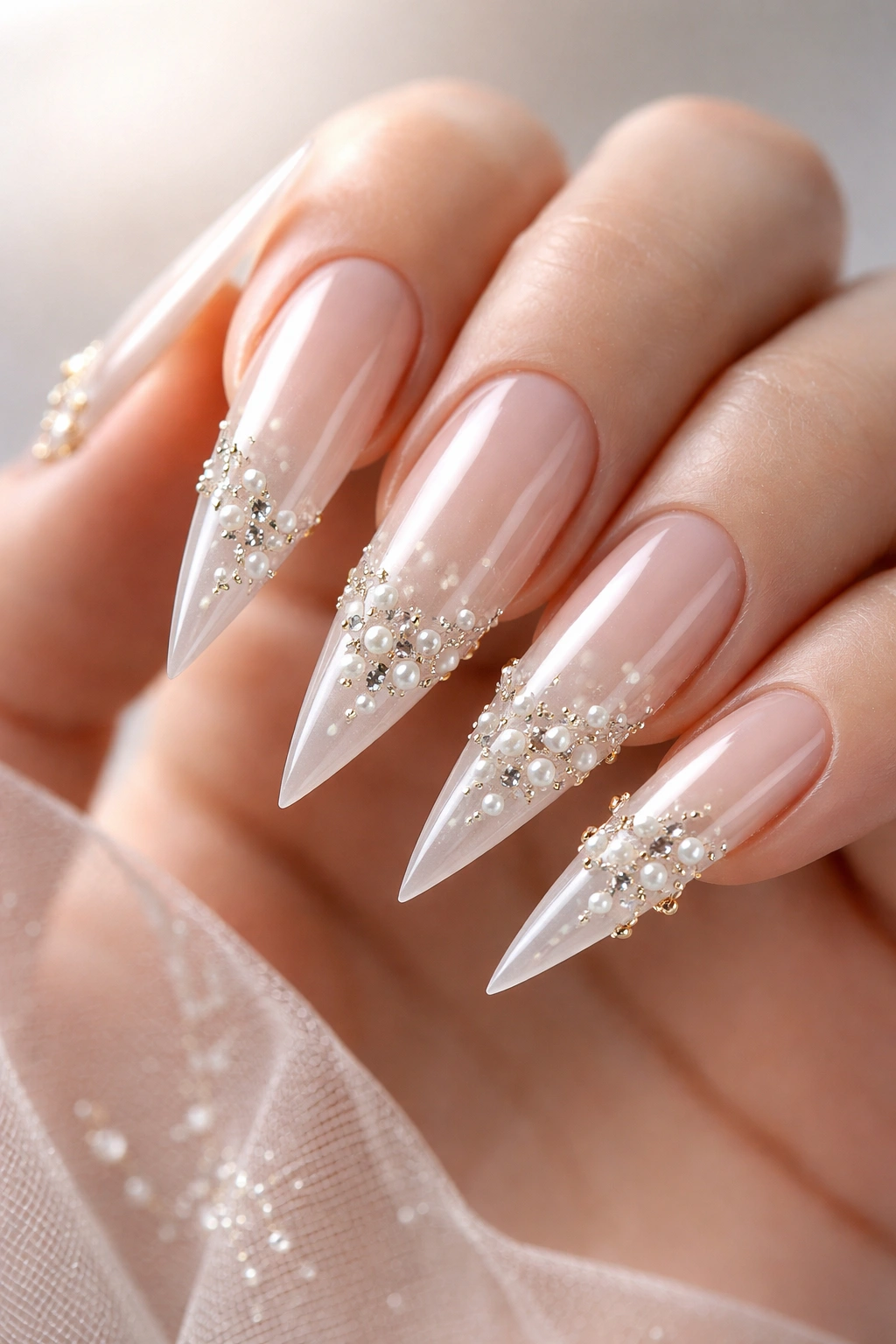 Close-up of sheer white stiletto nails with cascading pearls and diamond charms near the tips.