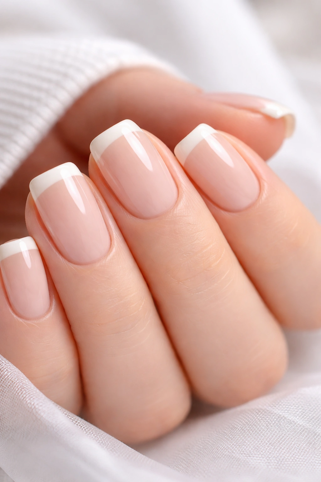 Minimalist nails with sheer white tips on pale nude base