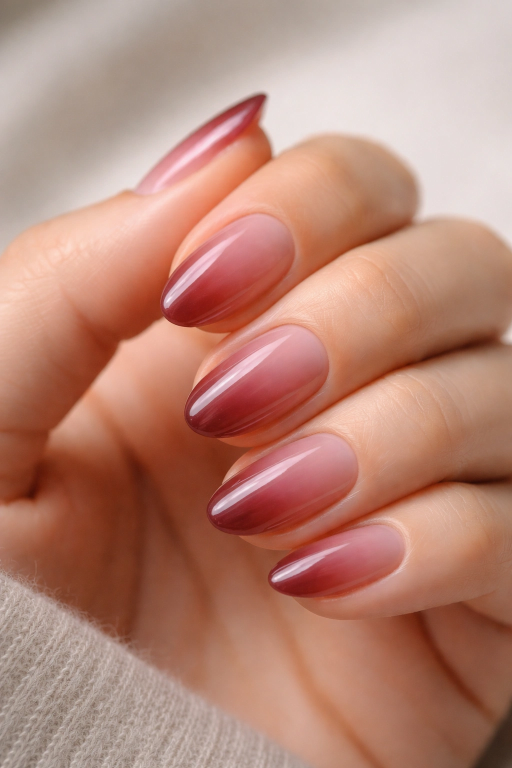 Close-up of short almond nails with sheer wine red wash over natural nails