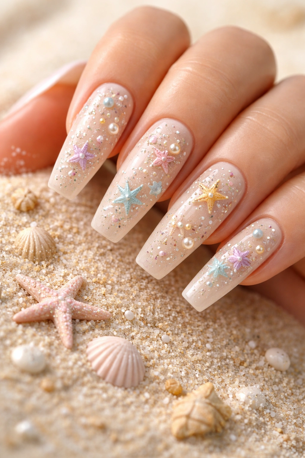 Nails with a nude sand base and tiny pastel shell accents
