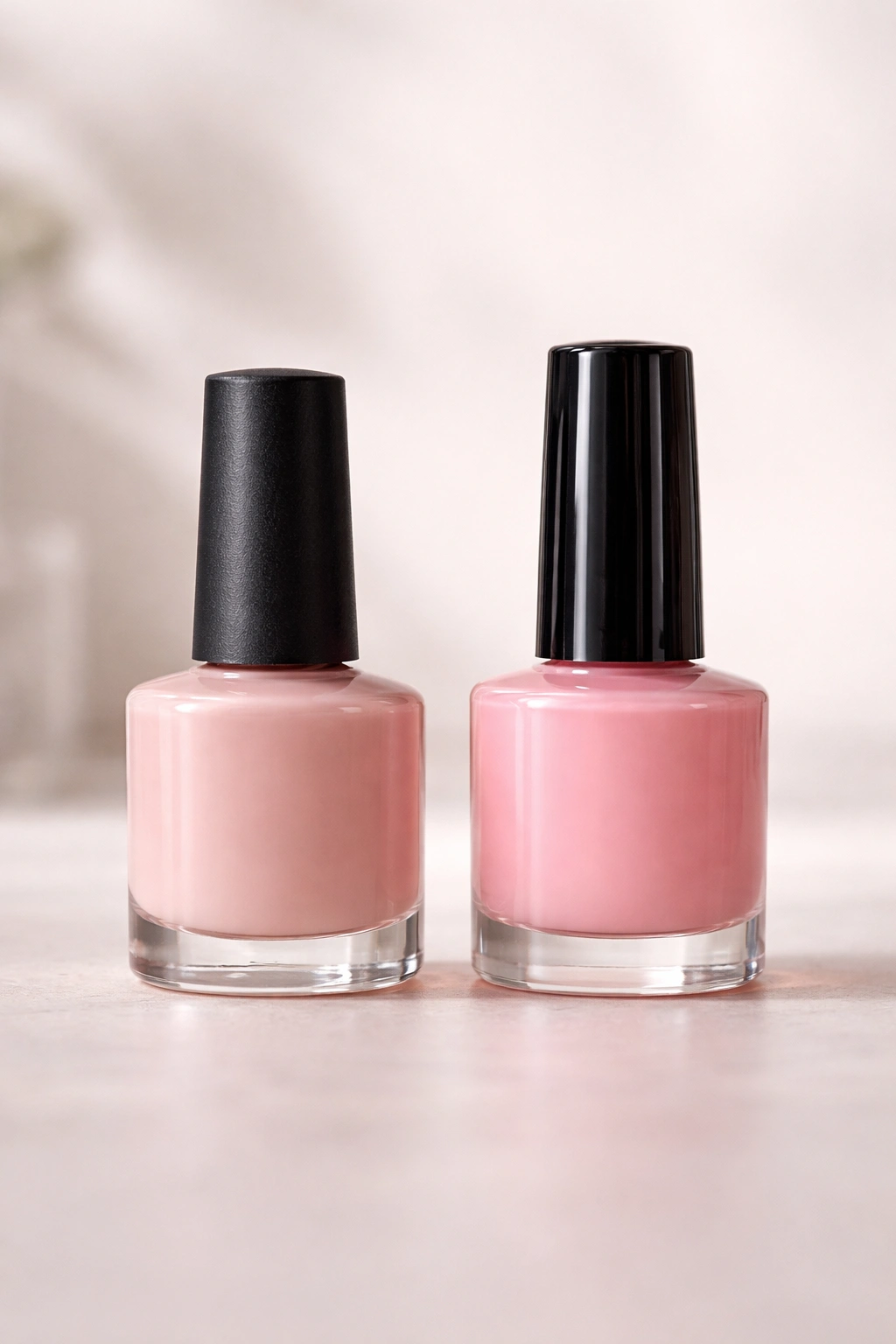 Two manicure bottles on a neutral surface illustrating comparable price range