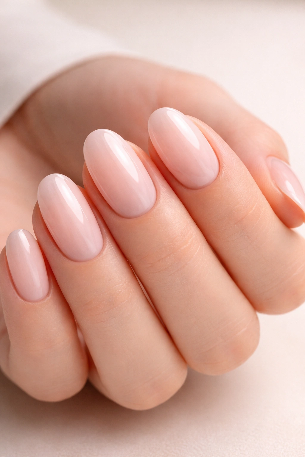 Close-up of a hand with a high-gloss Shellac manicure.