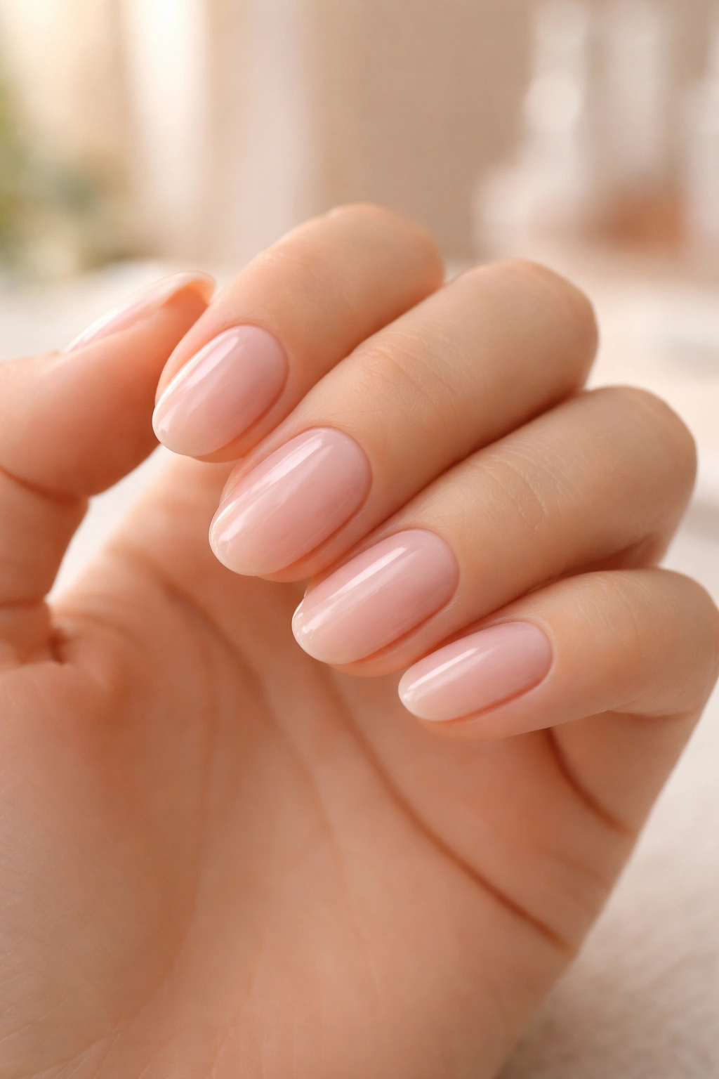 Close-up of hand with light pink Shellac nails and natural shine