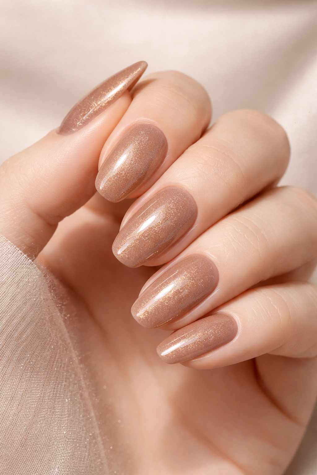Close-up of nails with shimmer latte shade and subtle sparkle on pale skin