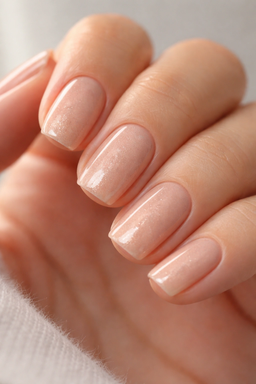 Close-up of squoval nails with subtle shimmer on nude polish