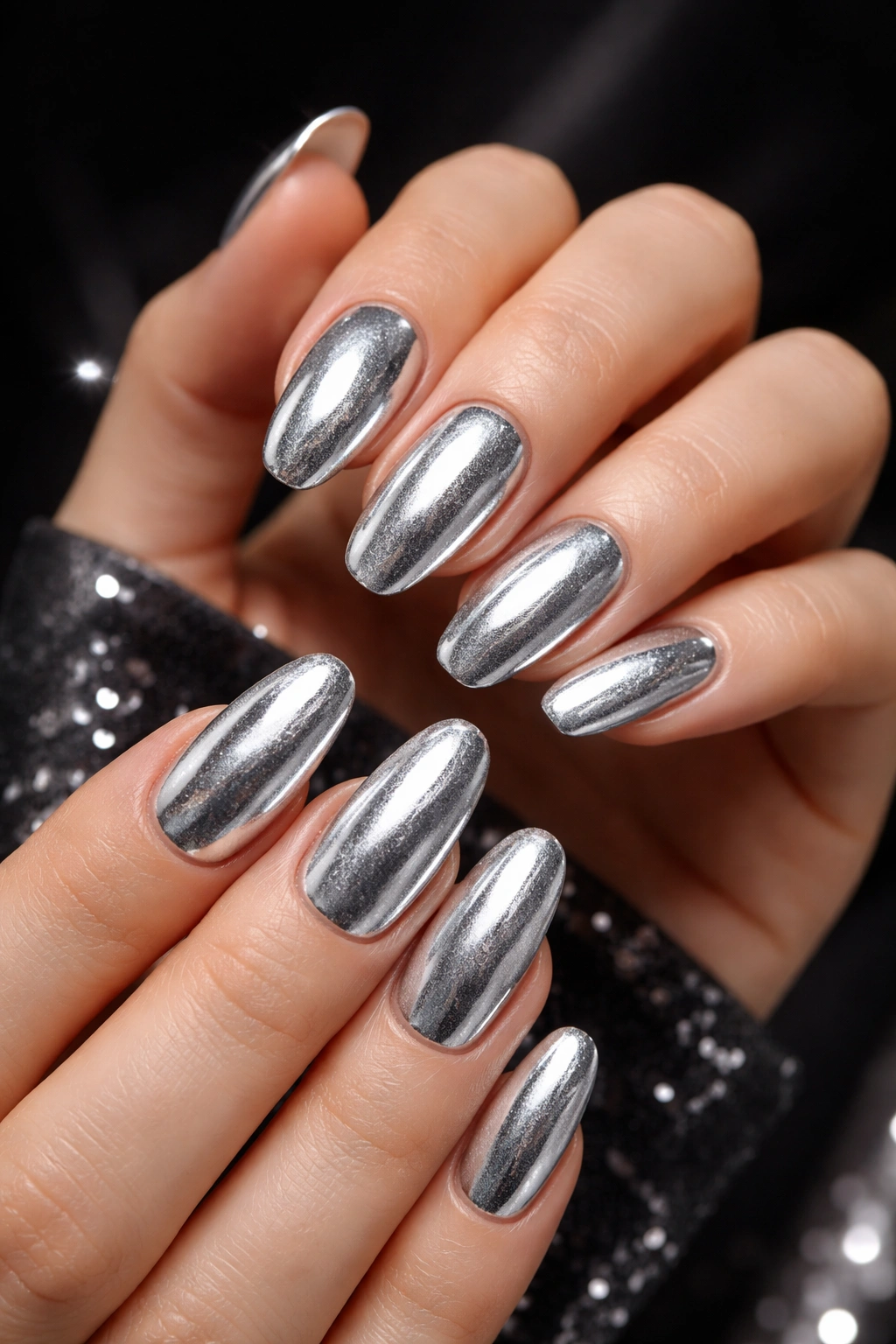 Close-up of shimmering silver manicured nails with glossy finish